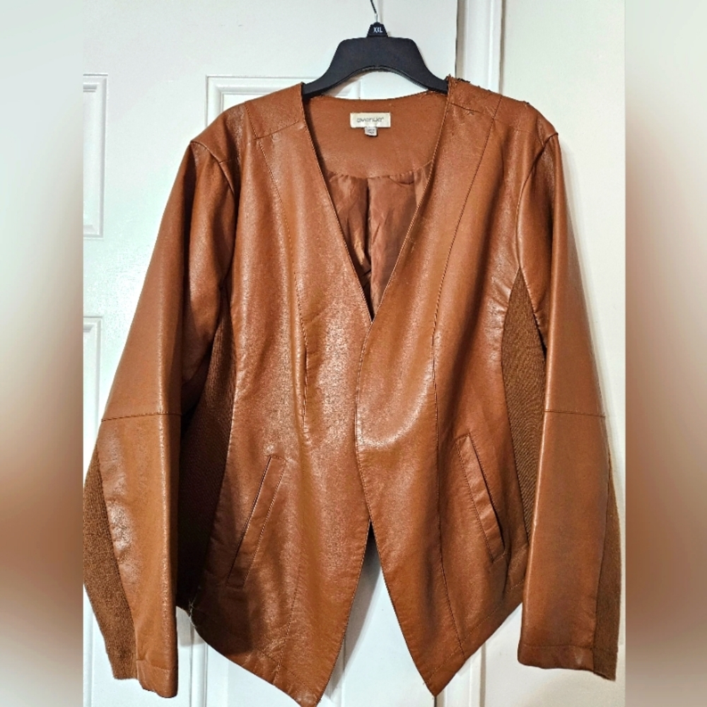 Woman faux leather stretch open front jacket